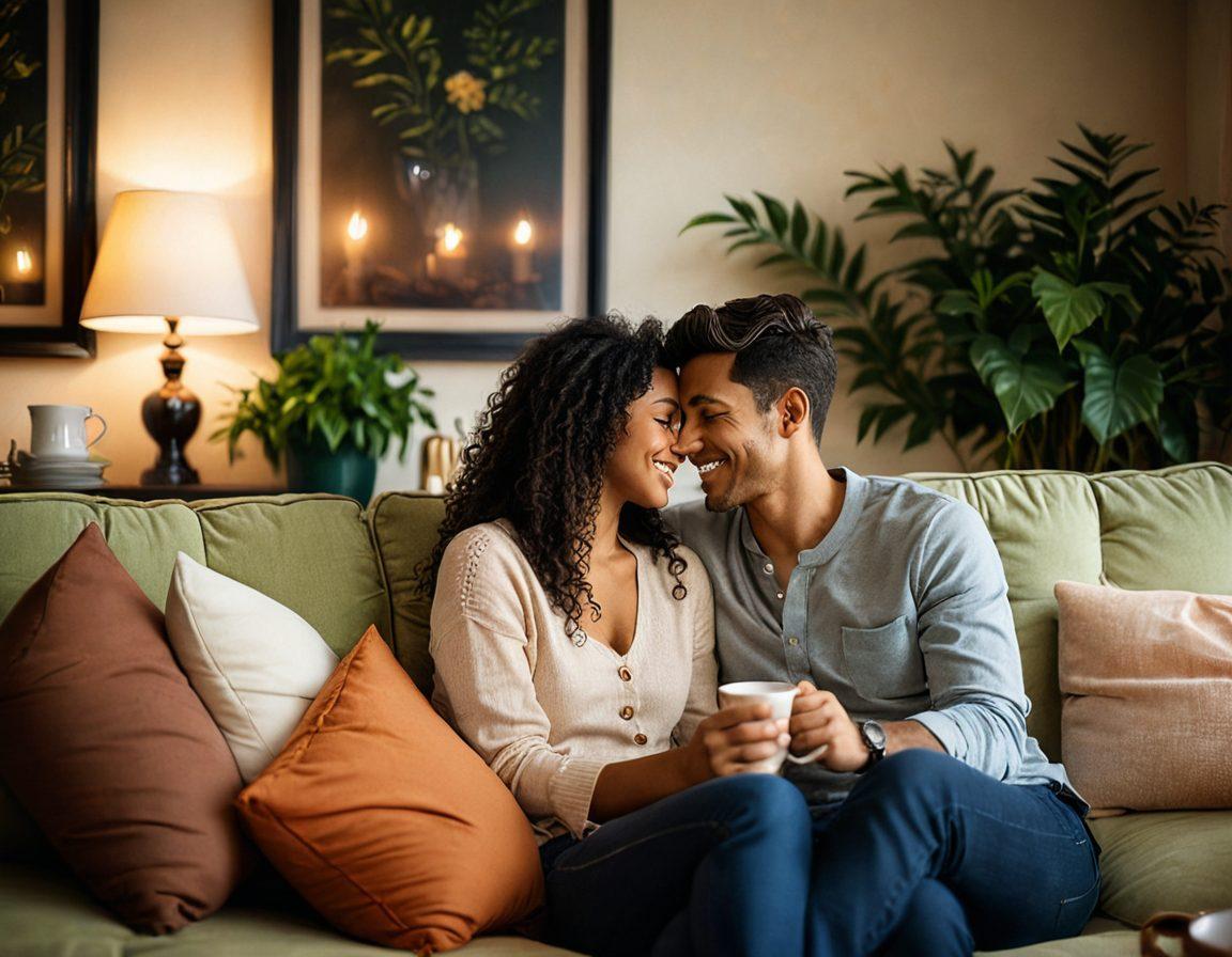 A warm, intimate scene of a diverse couple sitting together on a cozy couch, sharing a heartfelt conversation over a cup of tea. The room is filled with soft lighting, romantic decor, and personal touches such as family photos and plants. Emphasize their genuine smiles and body language that exudes connection and trust. Include a subtle heart shape in the background formed by shadows or decor elements. soft-focus photography. warm colors. inviting atmosphere.