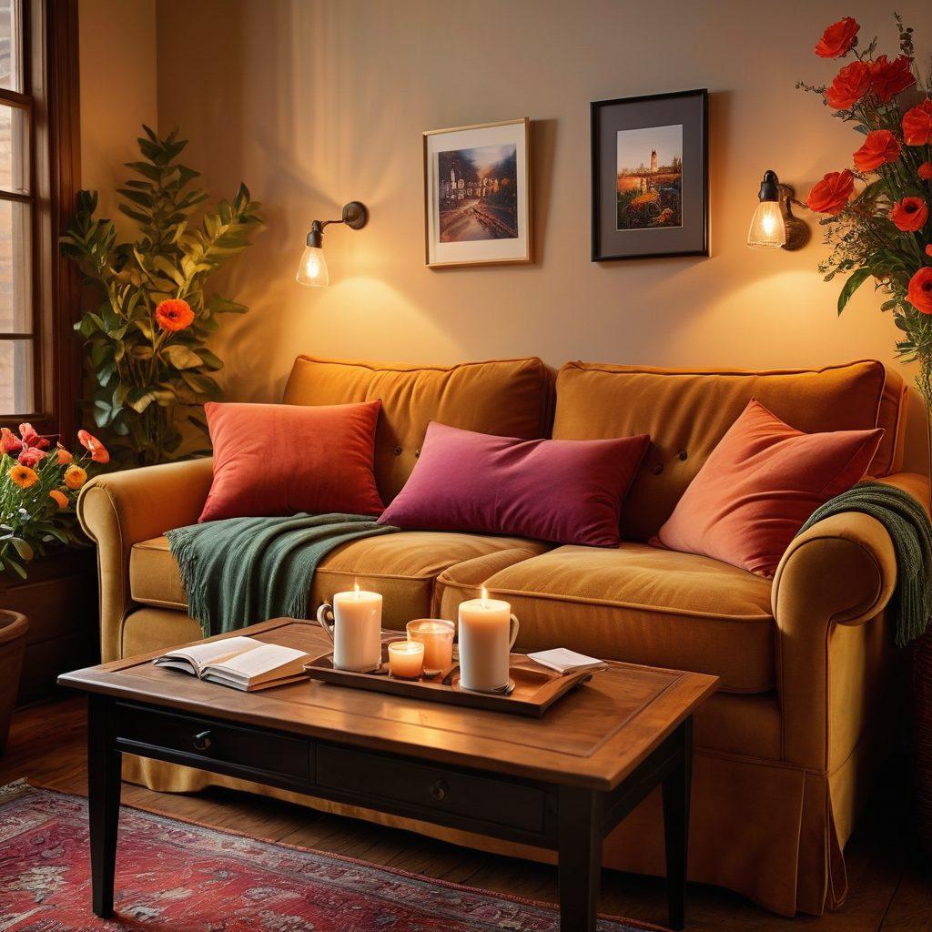 A cozy, intimate setting featuring a couple sitting together on a quaint couch, sharing a laughter while surrounded by soft candlelight and a beautiful arrangement of flowers. In the background, a wall covered with framed photos symbolizing their journey together. Include a coffee table with two steaming cups of tea and a heartfelt love note. Emphasize warmth, connection, and joy. super-realistic. vibrant colors. cozy atmosphere.